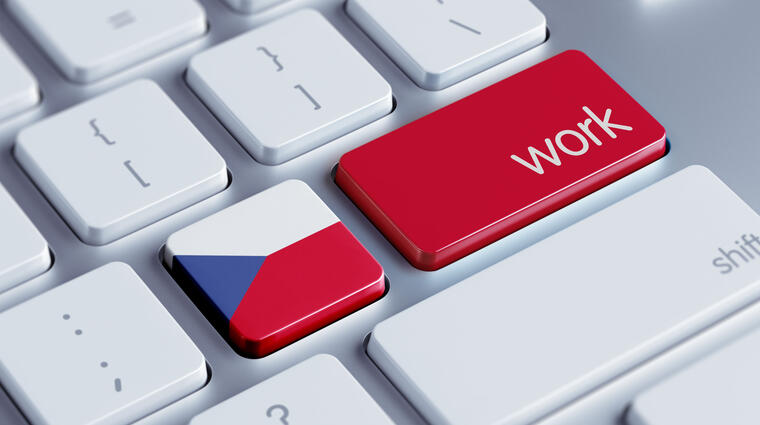 keyboard with a Czech flag and red key saying "work"